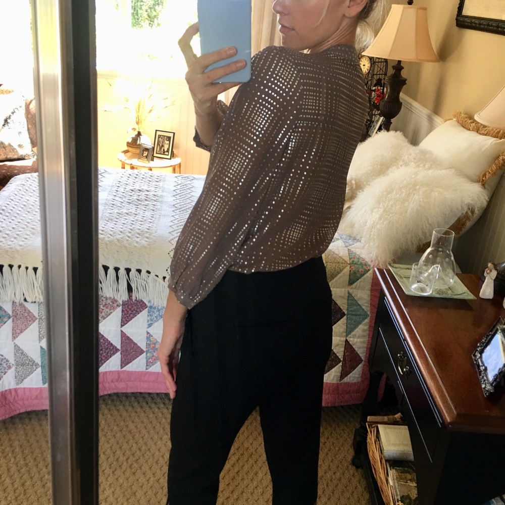 Stylish Sexy Work Business Blouse Taupe & Silver